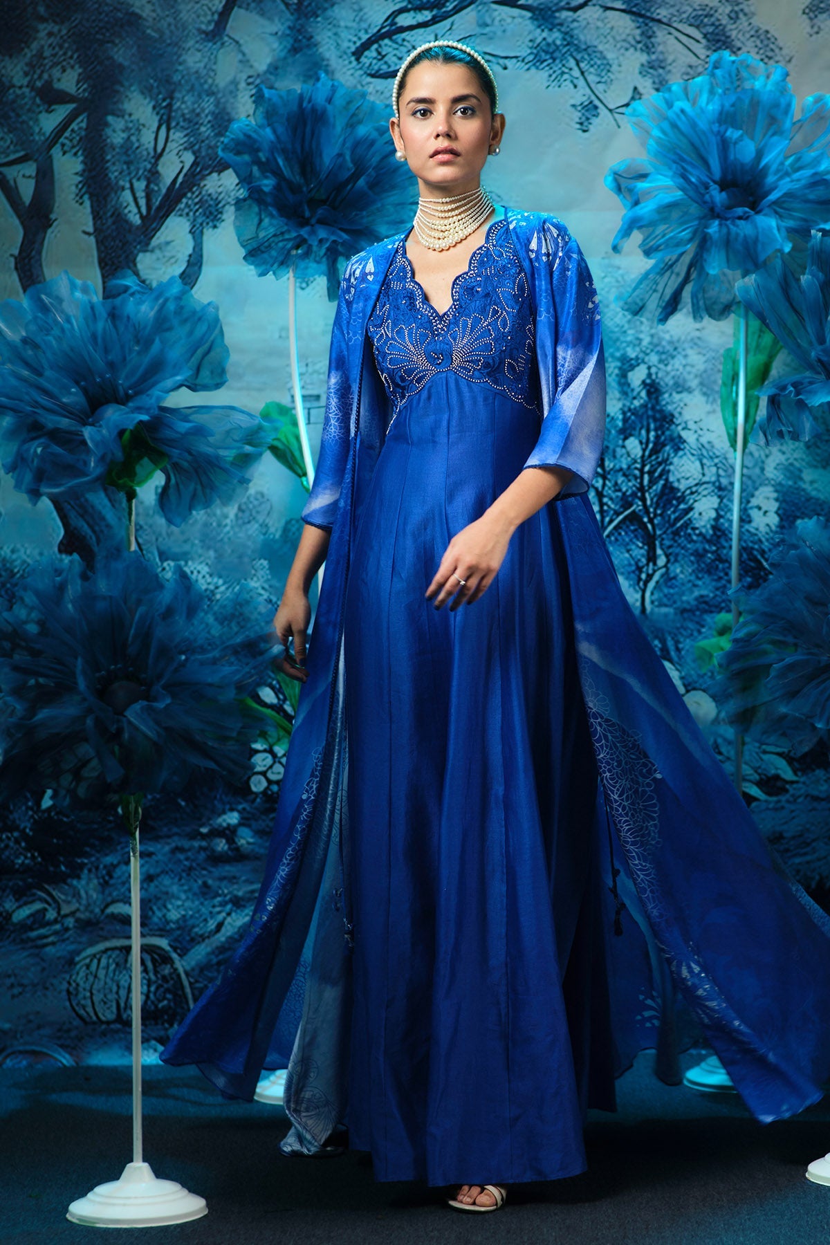 Buy Blue Chanderi Maxi Dress & Cape by Mandira Wirk for women online at ScrollnShops